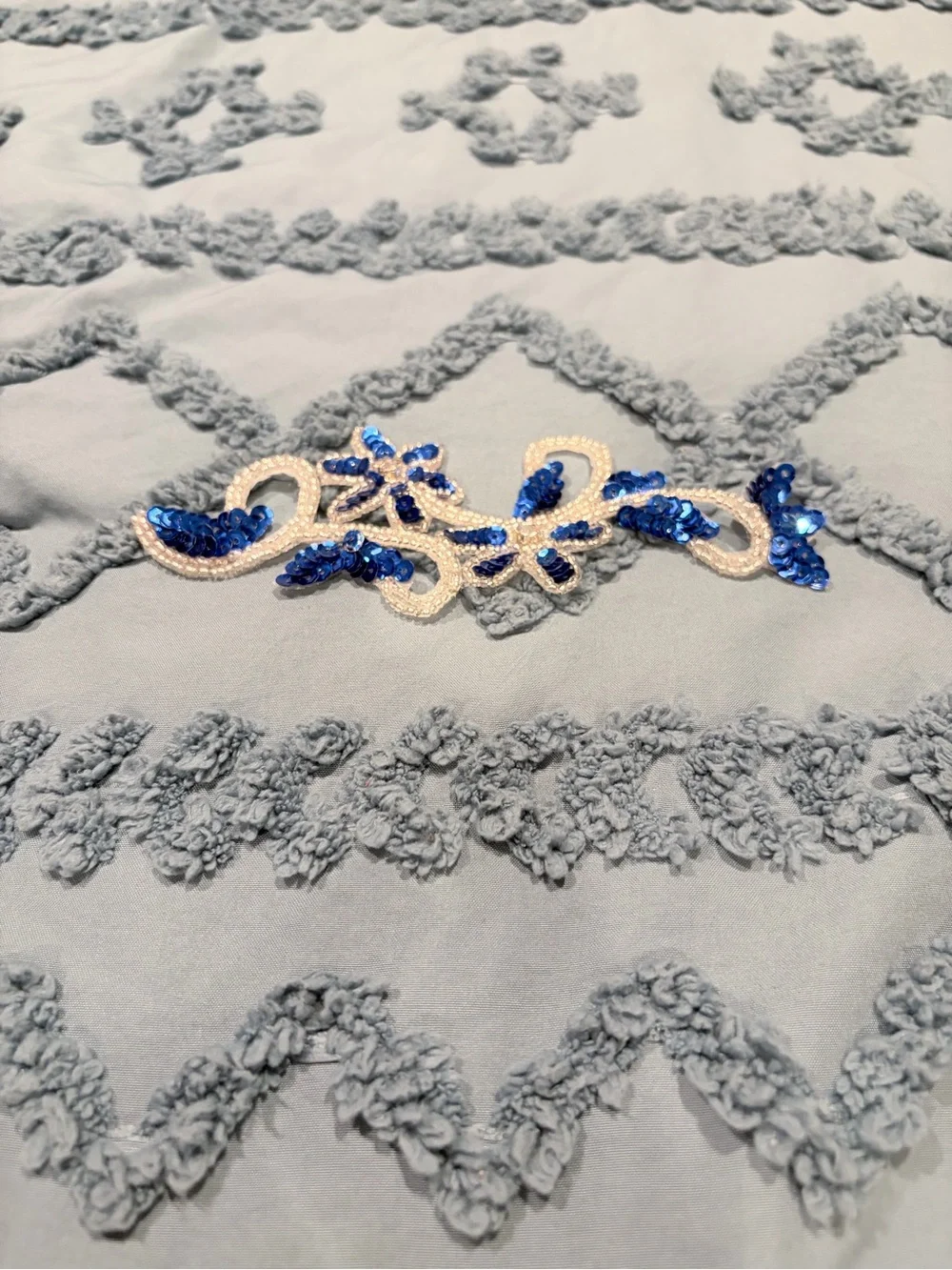 Blue & White Sequin Floral Beaded Lace Appliqué Trim | 6” Embellishment